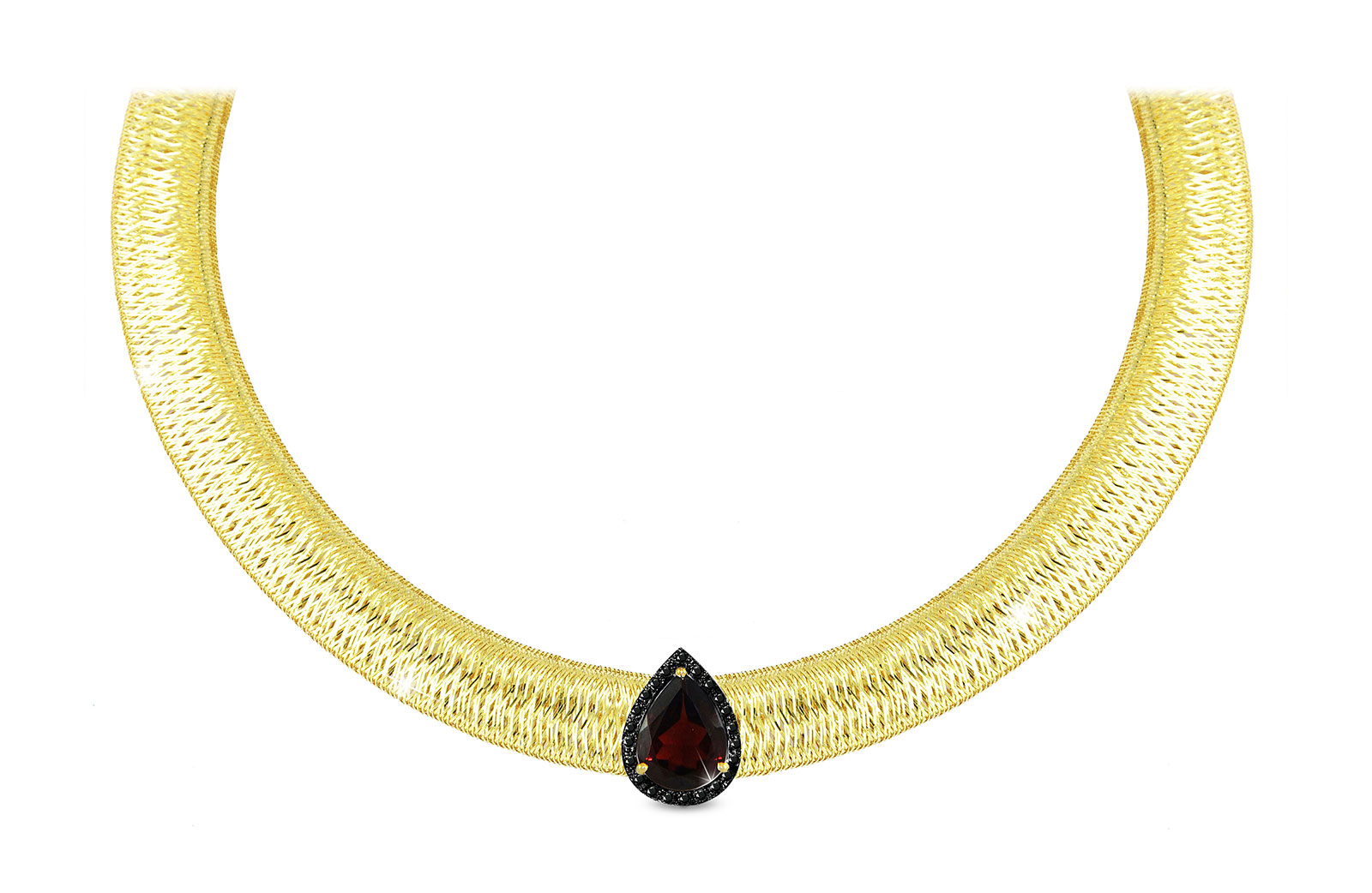 Vera Perla 18K Gold 0.12ct  Black Diamonds, Garnet  Necklace